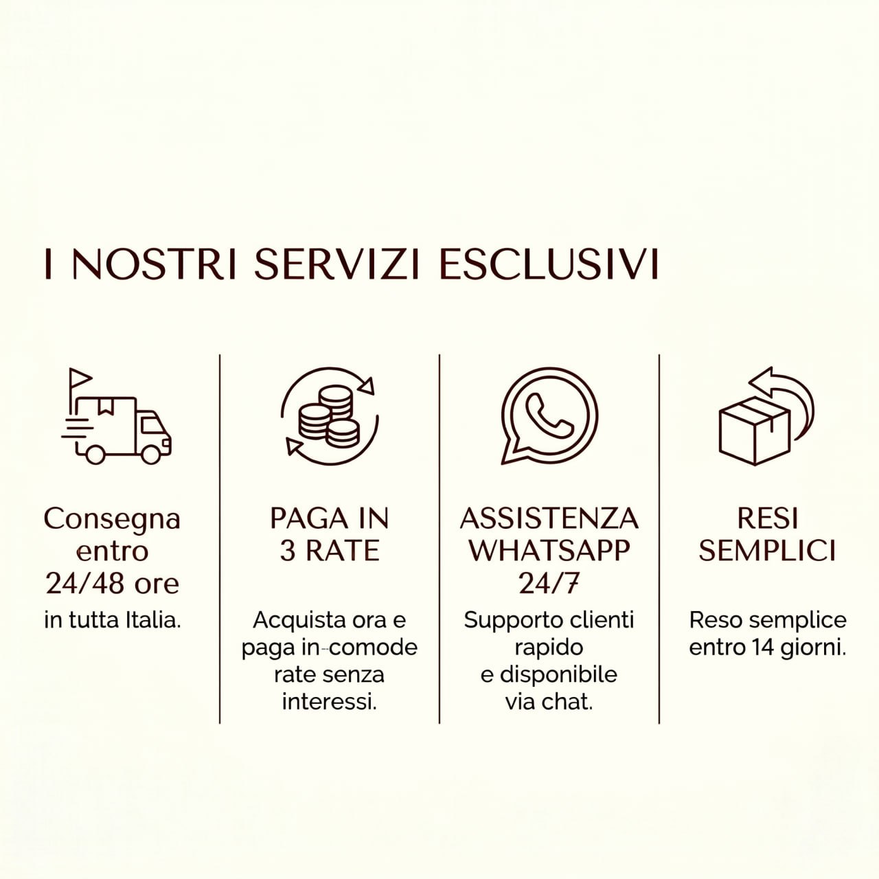I nostri servizi esclusivi: consegna 24/48 ore, pagamento in 3 rate, assistenza WhatsApp 24/7, resi semplici entro 14 giorni
